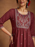 Janasya Women's Maroon Pure Cotton Embroidered A-line Kurta With Pant Set